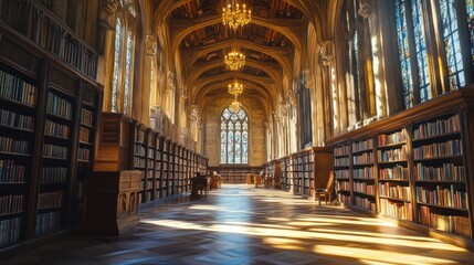 A Grandiose Hall of Knowledge: Sunlit Library Interior