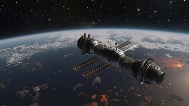 A view of earth from space with a space station orbiting above and stars in the background sky