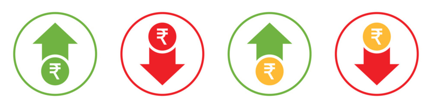Indian rupee price up and down icons set. Rupee currency value trend icons. Money cost arrow growth, decline. Rupee trend icons showing currency value rising and falling with green up and red down.
