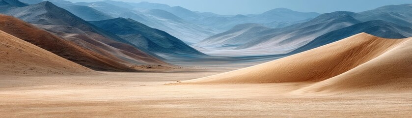 Panorama sand storm across dry desert with massive wind concept. Stunning desert landscape featuring rolling sand dunes and mountains.