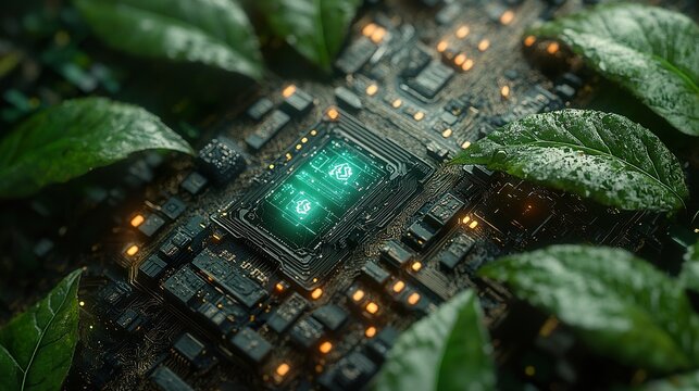 green spider on a leafA high-tech chip with a green light, surrounded by leaves and plants, is placed on the ground in close-up shots of aerial photography.