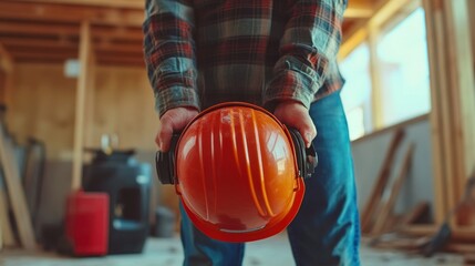 Construction worker holding hard hat