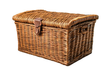 Obraz premium A rustic handcrafted wicker basket with a leather clasp detailed woven texture isolated against a black on transparent background