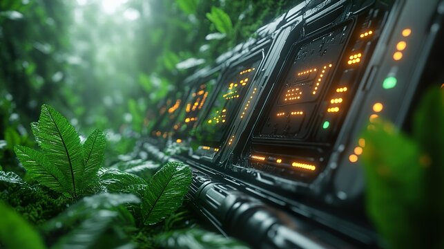 Close-up of a futuristic control panel in a jungle setting, surrounded by lush green plants and foliage.