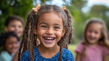 A young girl with pigtails smiling broadly with other children in the background outdoors in daylight
