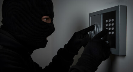 Person in Black Balaclava Manipulating Digital Safe Keypad against a White Wall