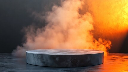  captures a stunning moment of dawn breaking oer a laa podium, with steam rising majestically into the morning air
