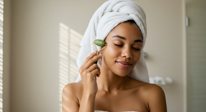 Serene woman enhancing beauty routine with facial massage using jade roller