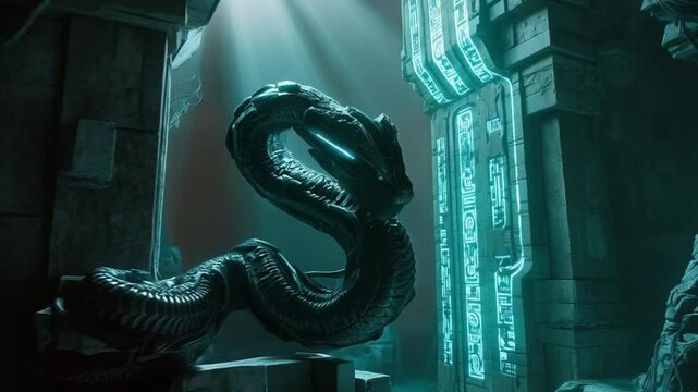 A green snake is curled up in a dark cave