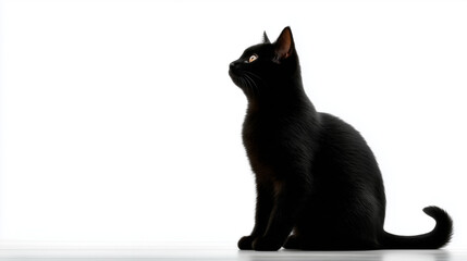 Fototapeta premium Silent Observer: A sleek, ebony cat sits poised, its gaze fixed intently upwards, evoking a sense of curiosity and focused observation in a minimalistic setting.