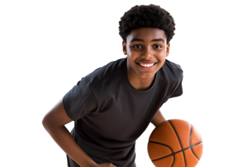 Smiling teenage boy with a basketball, showing enthusiasm for the game. Isolated on transparent background
