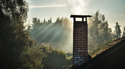 Fototapeta premium Morning Smoke Rising from Rural Chimney in Serene Landscape