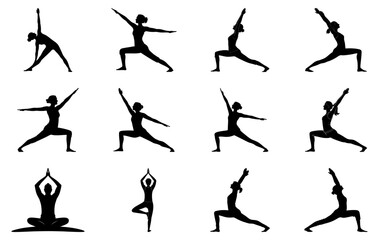 Naklejka premium Set of yoga poses black silhouette vector illustration, collection of balanced, meditative figures representing wellness and mindfulness