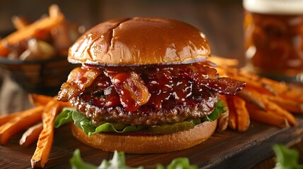 Summertime Bliss: Gourmet Bacon Burger with Crispy Sweet Potato Fries and a Cold Beer

