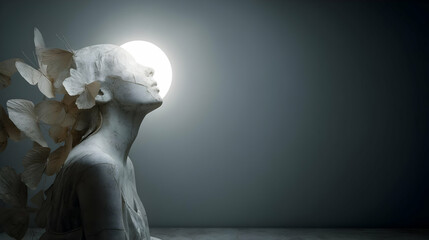 statue of a woman dissolving into butterflies under a glowing moon