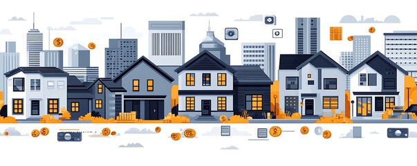 A stylized neighborhood depiction with houses, buildings, coins, and digital devices floating in the scene