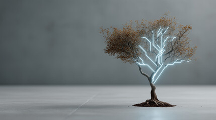 Tech Tree: An artful depiction of technology integrating with nature, showcasing a tree-shaped structure with glowing circuit patterns merging the realms of technology and nature.