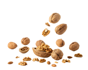 flying walnuts isolated on white background, PNG