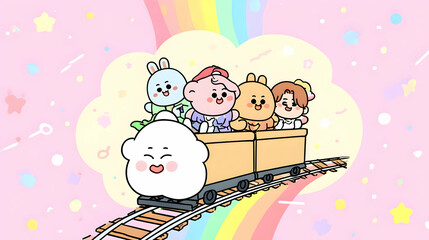 Fototapeta premium cloud train carrying colorful animal passengers over a rainbow track