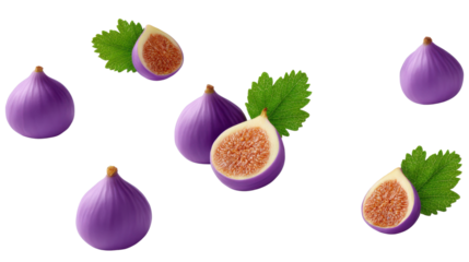 Closeup of fresh ripe purple figs with green leaves on a clean white background highlighting the natural beauty and vibrant colors of this healthy sweet fruit
