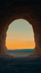 Dramatic Sunset View Framed by Cave Opening Desert Landscape Archway Rock Formation