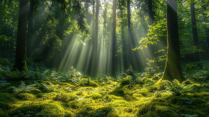 Obraz premium Sun rays pierce dense forest canopy