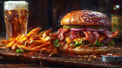 Summertime Bliss: Gourmet Bacon Burger with Crispy Sweet Potato Fries and a Cold Beer

