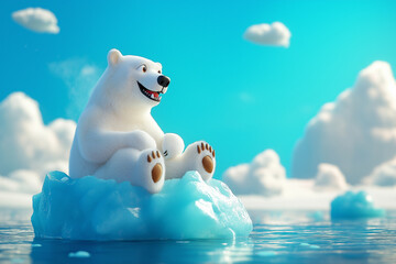 Playful polar bear sits on floating ice under clouds