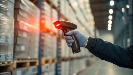 Worker using a scanner in a warehouse with stacked pallets in the background.