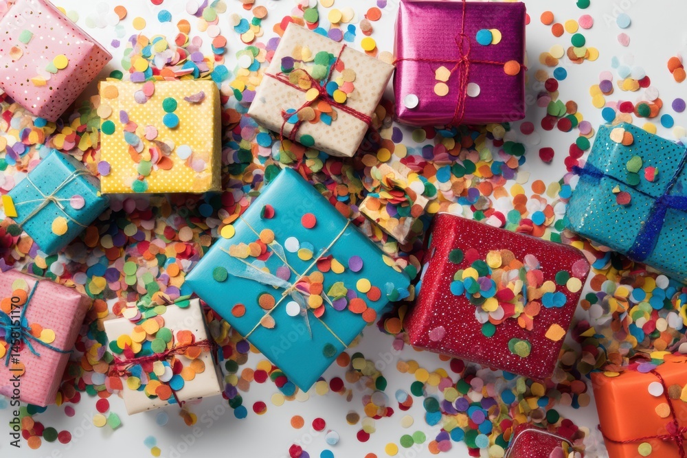 Poster Brightly Wrapped Gifts Surrounded by a Colorful Confetti Explosion Create a Festive Atmosphere for Celebrations and Special Occasions Generative AI