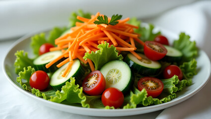 Fresh Garden Salad with Carrots Cucumbers and Tomatoes A Healthy and Colorful Dish on a White Plate