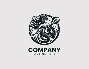 Fototapeta premium Warrior Mermaid Vector Logo Design, Strong Warrior Mermaid Logo, Fierce Warrior Mermaid Illustration Logo