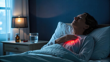 Fototapeta premium Woman in bed with a glowing chest, indicating concern or discomfort.