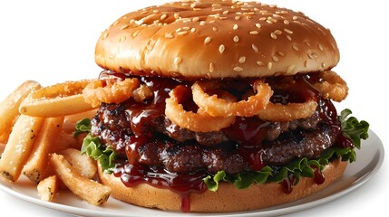 Towering BBQ Burger with Crispy Onion Rings and Golden Fries

