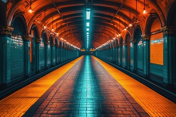 Fototapeta premium A quiet subway station, nearly deserted, just before the stroke of midnight.