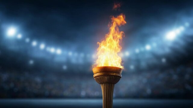 Olympic torch burning brightly in a stadium, symbolizing unity and competition during the games