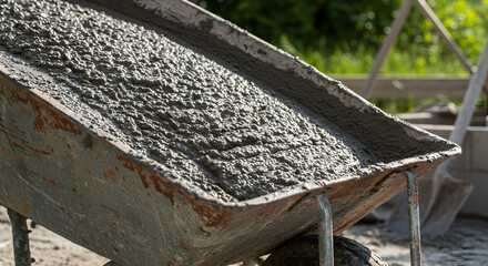 Wheelbarrow Filled with Wet Cement Construction Material under Sunlight and Green Background at Construction Site