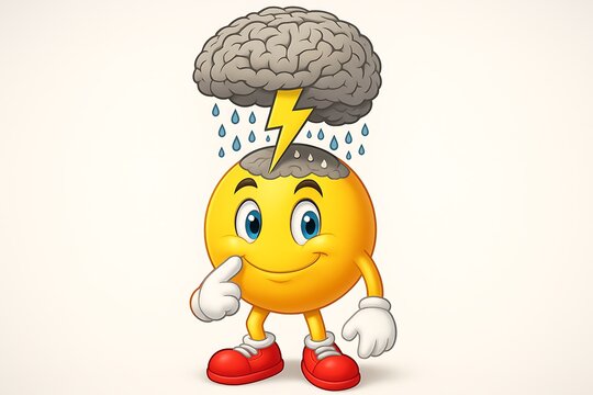 emoticon brainstorming cartoon character with lightning bolt hitting brain cloud while rain drops fall in a creative scene