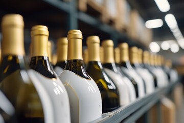 Rows of wine bottles on a shelf in a warehouse