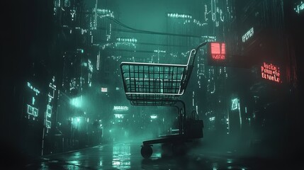 Empty shopping cart in a futuristic, neon-lit city at night