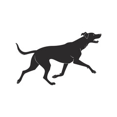 Dog running silhouette black vector illustration, dynamic motion of canine pet in sprint pose