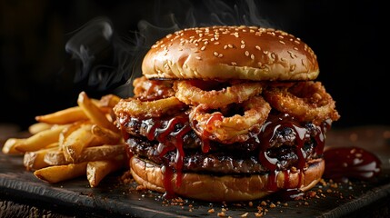 Towering BBQ Burger with Crispy Onion Rings and Golden Fries

