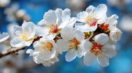 Blossoming apricot tree branches with springtime blue background concept. Beautiful cherry blossom flowers against a vibrant blue background.