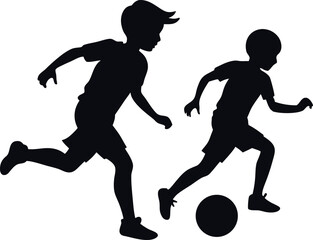 Kids playing football silhouette vector illustration – an ideal design for dynamic sports concepts, youth football teams, apparel, posters, school projects, and athletic branding visuals.