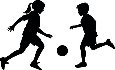 Kids playing football silhouette vector illustration – an ideal design for dynamic sports concepts, youth football teams, apparel, posters, school projects, and athletic branding visuals.