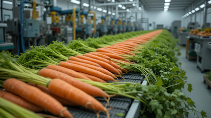 Fresh carrots are placed on a production line for processing in a modern agricultural facility.
