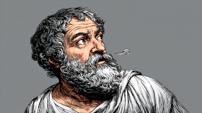 a simple digital illustration of socrates in a simple tunic, with a thoughtful expression and a speech bubble containing a question mark. the socratic method.