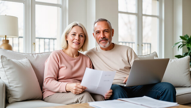 Senior Couple Reviewing Financial Documents – Smiling Grandparents with Laptop and Papers for Retirement Planning, Savings Management, and Elderly Financial Literacy Resources