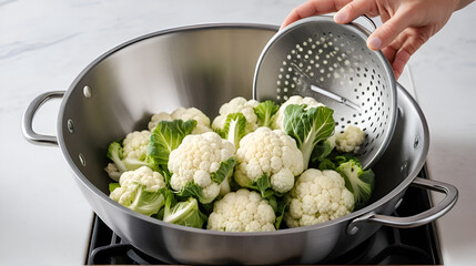 Fresh cauliflower florets being rinsed in a colander before preparation for a healthy dish in a modern kitchen setting