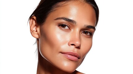 Fototapeta premium Radiant young woman with glowing skin showcasing natural beauty and confidence under bright lighting in front of a white backdrop emphasizing healthy skincare and effortless elegance